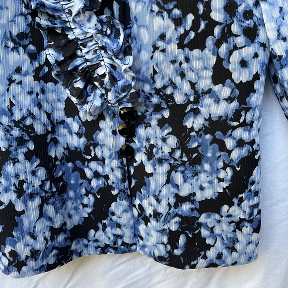 Alex Evenings •Blue/Black Floral, 3/4 Sleeve,Collared Evening Blouse SzLG - Picture 7 of 13